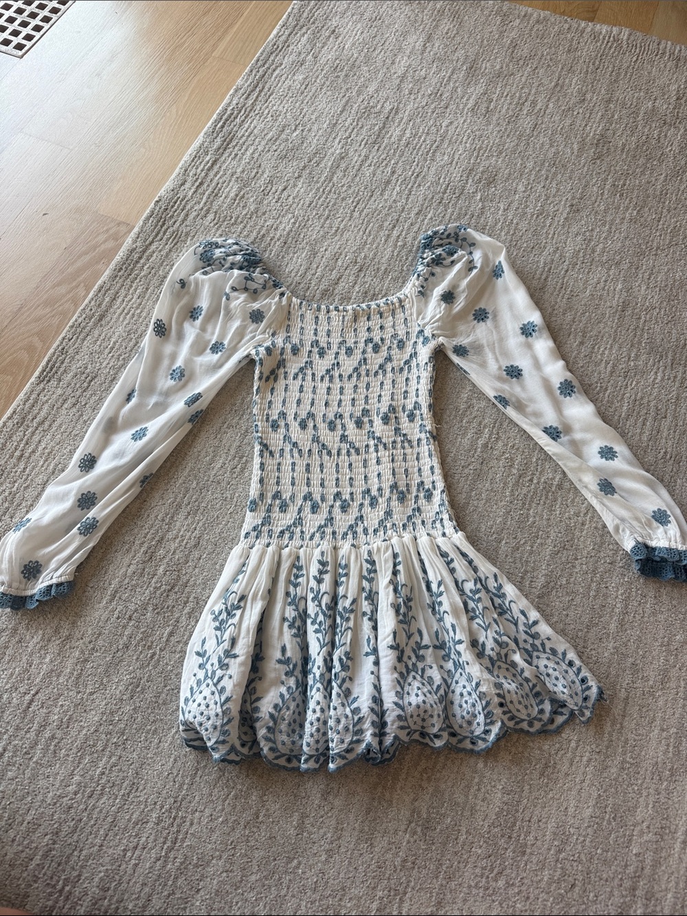 Girls White and Blue Floral Smocked Peasant Dress